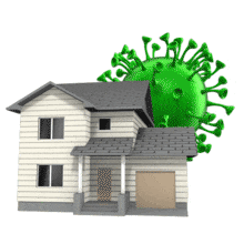 A giant virus floats outside a home. This clip-art can represent self-quarantining.