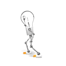 A tungsten light character paces until it comes up with an idea.