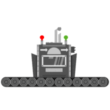 This animation shows a machine working with a conveyor belt moving underneath and then come to a stop.