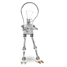 A tungsten light character thinks hard then lights up when he has an idea.