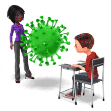 A boy student and teacher are separated by a giant virus.