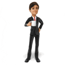 A businessman takes a sip from his mug and gives a satisfied sigh.