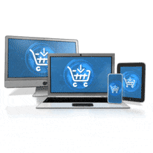 This animations shows four computer devices all with the same shopping cart animation with world spinning behind playing on them.