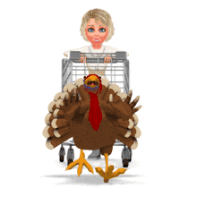 An eager woman pushes a cart as she chases a fleeing turkey.