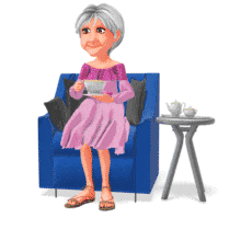 Martha seated on a chair sipping a cup of tea.