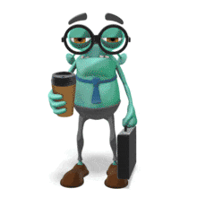 Jerry takes a drink of coffee while standing and holding his briefcase. 