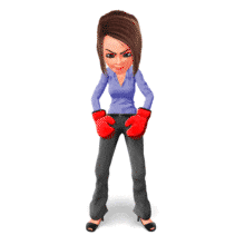 A business woman wearing boxing gloves shows her frustration at defeat.