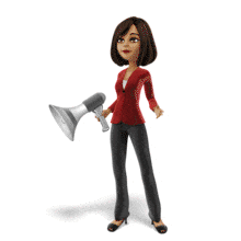 A business woman makes a speech using a megaphone.