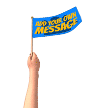 Someone&#039;s arm holds up a customizable flag blowing in the wind.