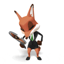 A business fox uses a magnifying glass to look around.