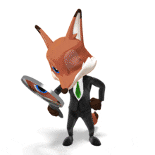 A business fox uses a magnifying glass to look around.