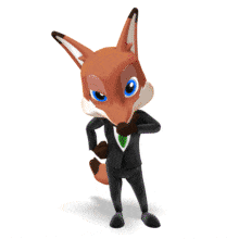 A business fox is thinking, then is happy when they get an idea.
