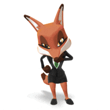 A business fox is thinking, then is happy when they get an idea.
