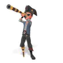 A pirate surveys the area with a spyglass.