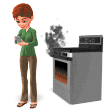 woman ignore burning oven