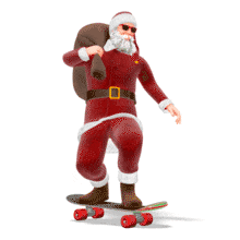 In this animation, Santa Claus is riding on a skateboard.  He is wearing a pair of sunglasses, carrying a large bag of presents, and has a joyful smile on his face.  Santa leans back and forth and uses his arms to help keep balance.  This is a great looping animation that could add a fun and unique element to all of your holiday presentation needs.