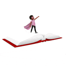 This animation features the young presentation character Chloe wearing a super hero cape and mask, standing in a strong pose.  Chloe is standing on top of a large book, while her cape flaps in the breeze.  Use this animation for a fun and unique reference to reading, writing, education, and more.