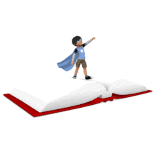 This animation features the young presentation character James wearing a super hero cape and mask, standing in a strong pose. James is standing on top of a large book, while his cape flaps in the breeze. Use this animation for a fun and unique reference to reading, writing, education, and more.