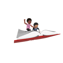 This animation features the young presentation characters James and Chloe flying on a large book.  Chloe has raised her fist in the air to show her high level of excitement.  Both characters have a joyful expression on their face, as the book they are riding on soars through the air.  Use this animation as a fun and unique way to represent reading, education, learning, and more.