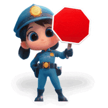 Download this animation to emphasize safety and vigilance in child-friendly environments with an approachable authority figure.