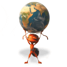 Download this animated ant lifting the world, symbolizing strength, determination, and perseverance in overcoming great challenges.
