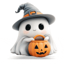 Download: Kawaii Halloween ghost clipart wearing witch hat and holding pumpkin - adorable character design for festive projects.