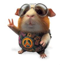 Add a playful hippie guinea pig gif to your PowerPoint or Google Slides. Perfect for retro vibes, peace signs, and humor.