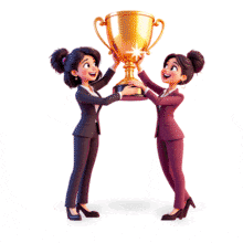 Two women in suits proudly hold a sparkling trophy — a powerful animated gif for celebrating leadership, success, and workplace milestones.