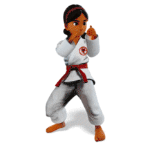 Animated karate girl delivering a fast combo punch—great for martial arts, self-defense, and strength-themed presentations or youth training slides.