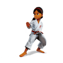Animated karate girl stands in alert stance—ideal for self-defense, focus training, and martial arts awareness presentations.