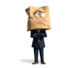 This animation shows a businessperson wearing a paper bag—perfect for themes of anonymity, awkwardness, or hidden identity in PowerPoint slides.