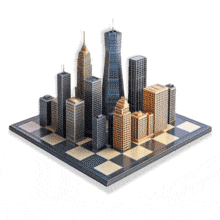 This dynamic PowerPoint Animation illustrates a city emerging from a chessboard, symbolizing strategic growth and urban development.