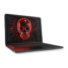 This captivating PowerPoint Animation illustrates the dangers of technology with a skull graphic on a laptop, perfect for cybersecurity themes.