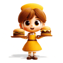 Cheerful waitress animation holding trays of burgers. Perfect for presentations about food service, restaurants, teamwork, and hospitality.