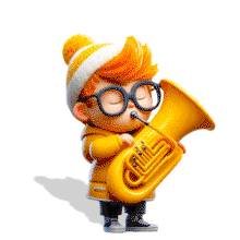 Boy playing a tuba animation, wearing glasses and a winter hat. Great for presentations on music, performance, creativity, and education.