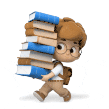Download this animated student carrying a heavy stack of books. Perfect for school, studying, education, learning, and academic stress themes.