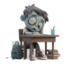 Funny zombie boy animation sitting at a school desk looking tired. Perfect for school stress, fatigue, Halloween, and student life themes.