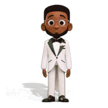 This animated character in a tuxedo captures the joy of a wedding proposal, perfect for romantic presentations.