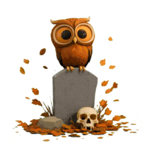 Animated owl perched on a gravestone with falling autumn leaves and a skull. Perfect for Halloween, spooky themes, and seasonal projects.
