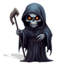 Download this dark animated grim reaper with glowing eyes and scythe. Perfect for Halloween, fear, mortality, spooky themes, and gothic designs.