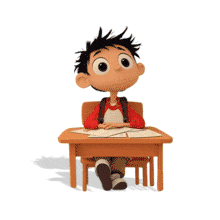 Animated boy sitting at a desk raising his hand to answer a question. Perfect for education, learning, curiosity, and classroom themes.