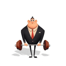 Animated businessman in a suit lifting heavy weights. Perfect for themes of strength, leadership, business power, and workplace motivation.