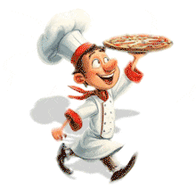 A cheerful pizza chef running with a fresh pizza — symbolizing creativity, passion, and enthusiasm for great food and hospitality.