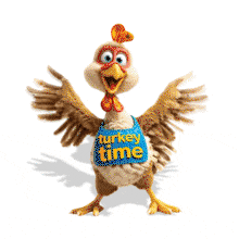 A joyful turkey character spreading its wings wearing a “Turkey Time” bib — perfect for Thanksgiving and holiday-themed presentations.