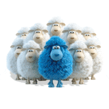 A blue sheep standing out from the flock — symbolizing individuality, leadership, and confidence in presentations.