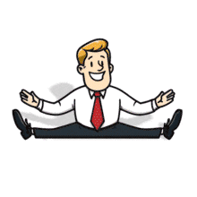 A cheerful business character showing flexibility and positivity — perfect for teamwork, adaptability, and motivational presentations.