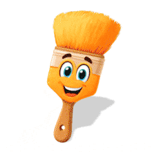 A smiling paint brush with bright orange bristles — a joyful animation symbolizing art, creativity, and imagination in presentations.