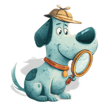 A curious blue dog with a magnifying glass — a fun detective animation symbolizing curiosity, analysis, and discovery.
