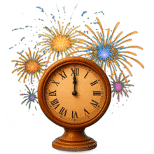 Download this PowerPoint Animation featuring a clock surrounded by fireworks, perfect for celebrations and events.