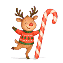 Download this festive PowerPoint Animation featuring a cheerful reindeer with a candy cane for your holiday presentations.